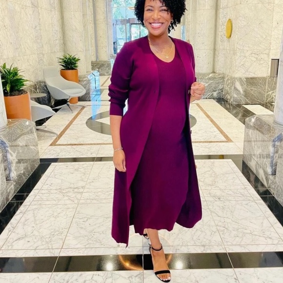 Maroon 2 Piece Set: Knit Midi Pencil Dress and Long Cardigan Button Through - Picture 11 of 15